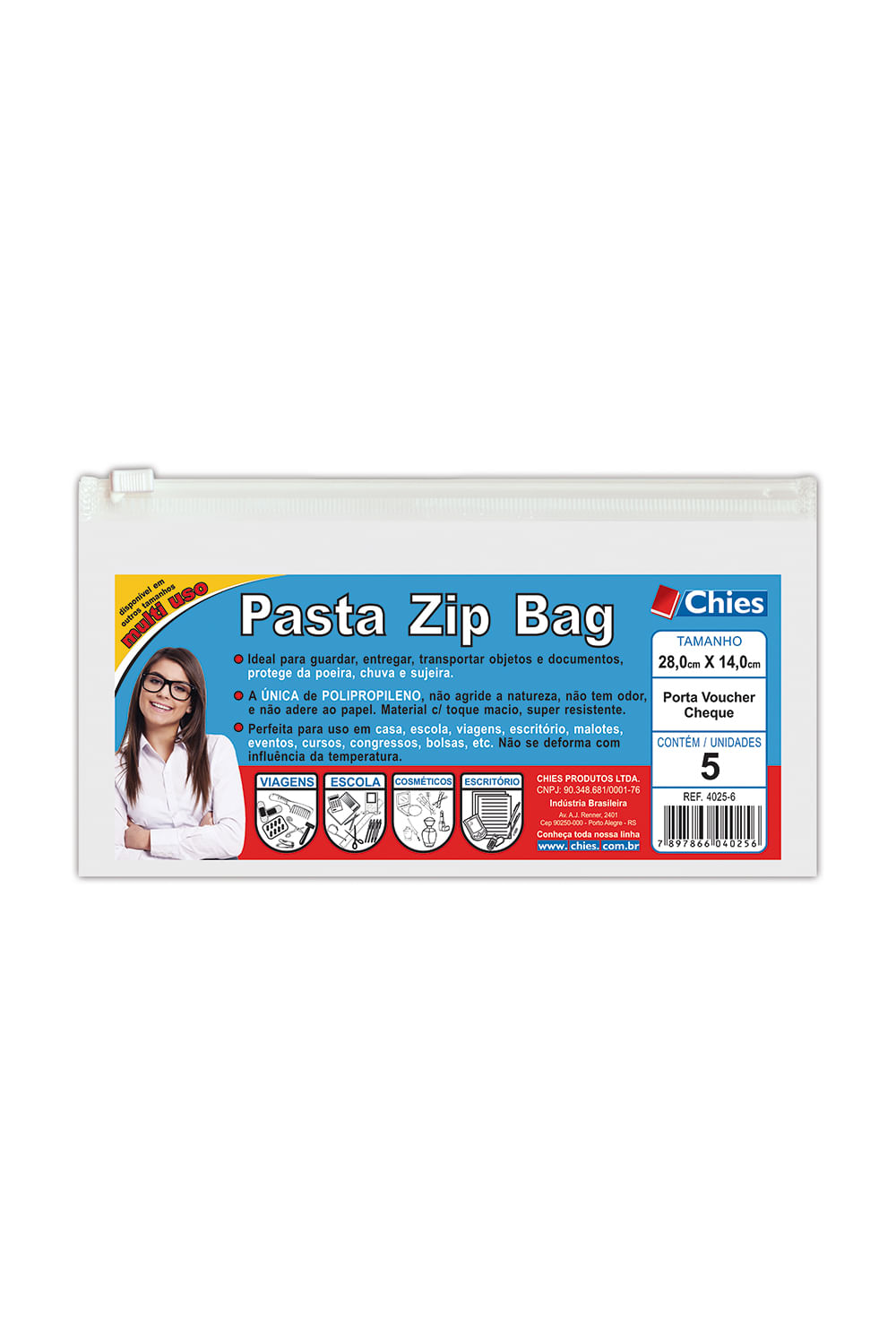 Pasta Zip Bag Chies B5 com 05 Unidades Cristal 28x14cm