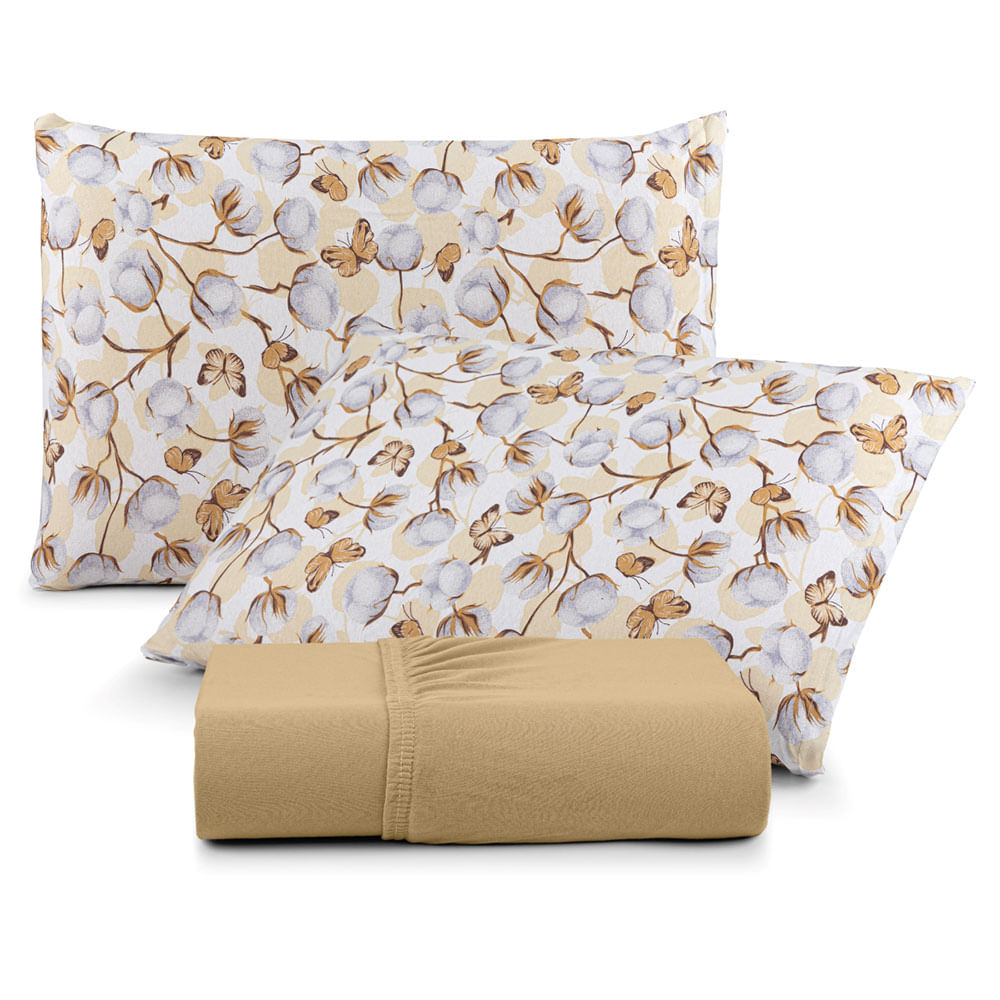 Jogo de Lençol Luar Queen 3 Peças Malha 100% Algodão Estampado - Mostarda Cotton