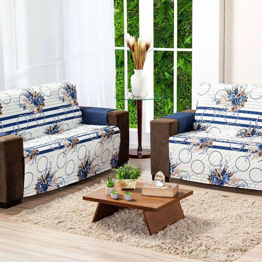 Protetor Sofa Estampado Isabela 2 E 3 Lugares - Floral Azul Marinho