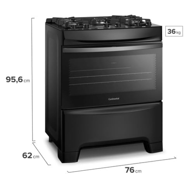 Fogão 5 Bocas Continental Preto Mesa de Vidro, Forno Eco Turbo e Tripla Chama (FC5GB) Bivolt