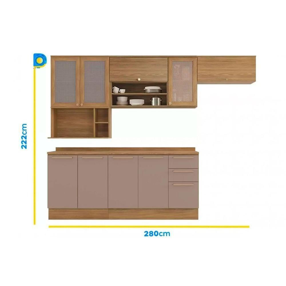 Kit Cozinha Modulada 8 Peças Botanic 4 Aéreos + 2 Balcões+ 2 Complementos M665 Nogueira Verde Oliva