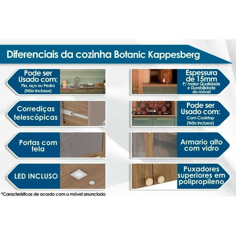 Kit Cozinha Modulada 8 Peças Botanic 4 Aéreos + 2 Balcões+ 2 Complementos M665 Nogueira Verde Oliva