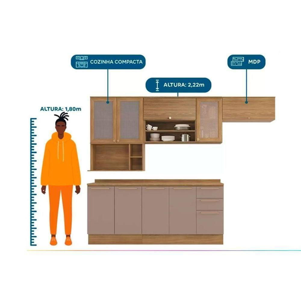 Cozinha Modulada Completa Botanic 8 Peças 4 Aéreos + 2 Balcões+ 2 Complementos M665 Nogueira Fendi