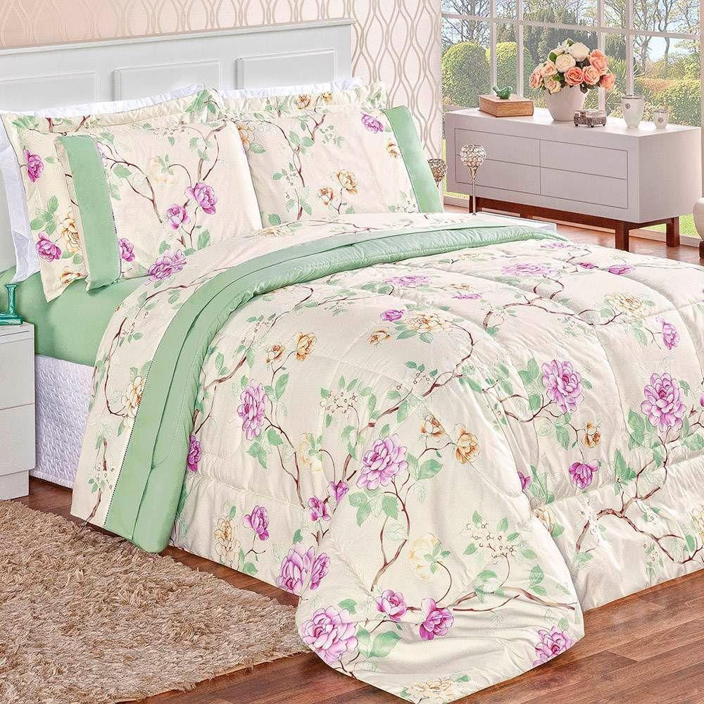 Edredom King 200 Fios Estampado Dupla Face 3 Peças Naturalle Verde Floral