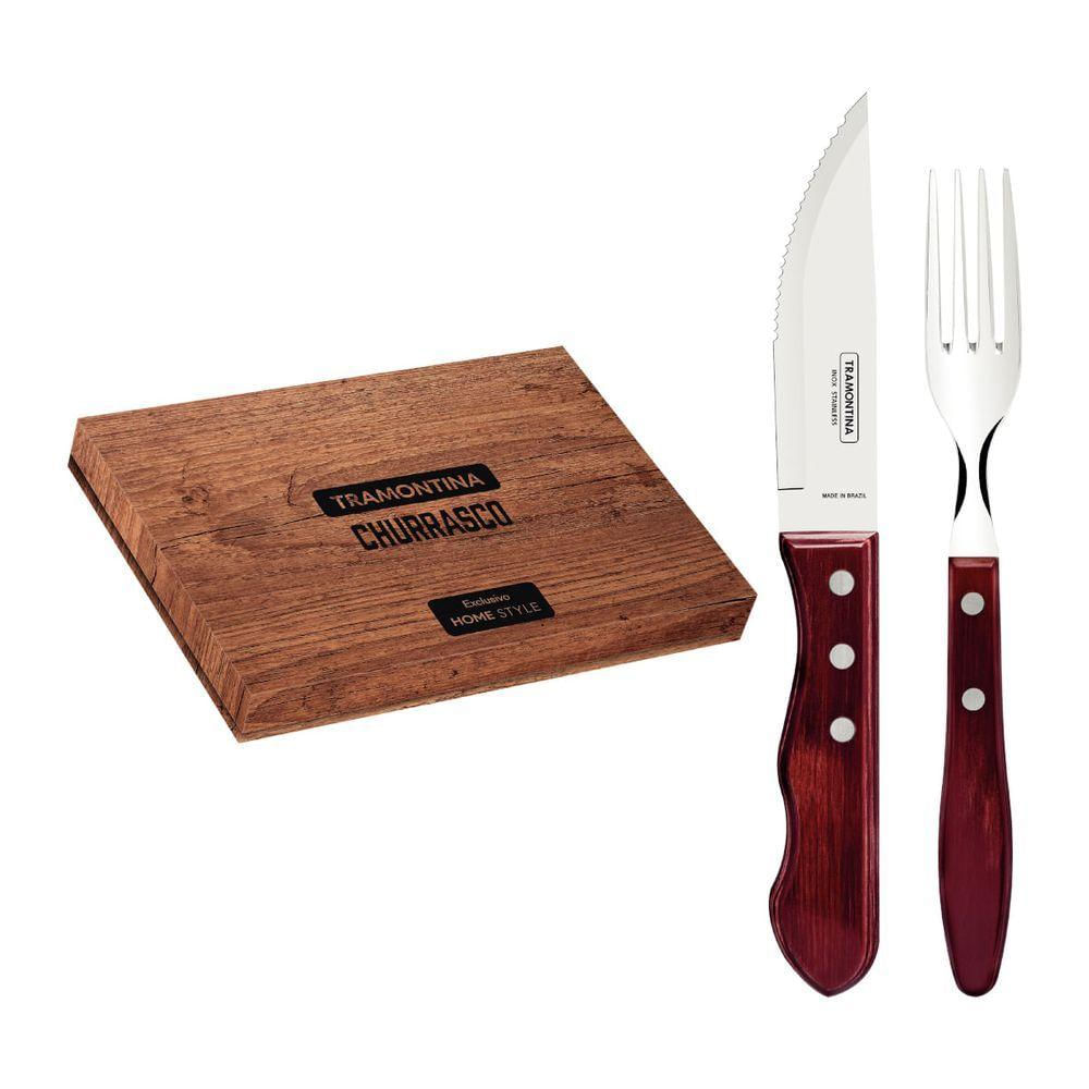 Jogo De Talheres Para Churrasco Jumbo Tramontina Aço Inox E Cabos De Madeira Polywood Vermelho 8 Peças