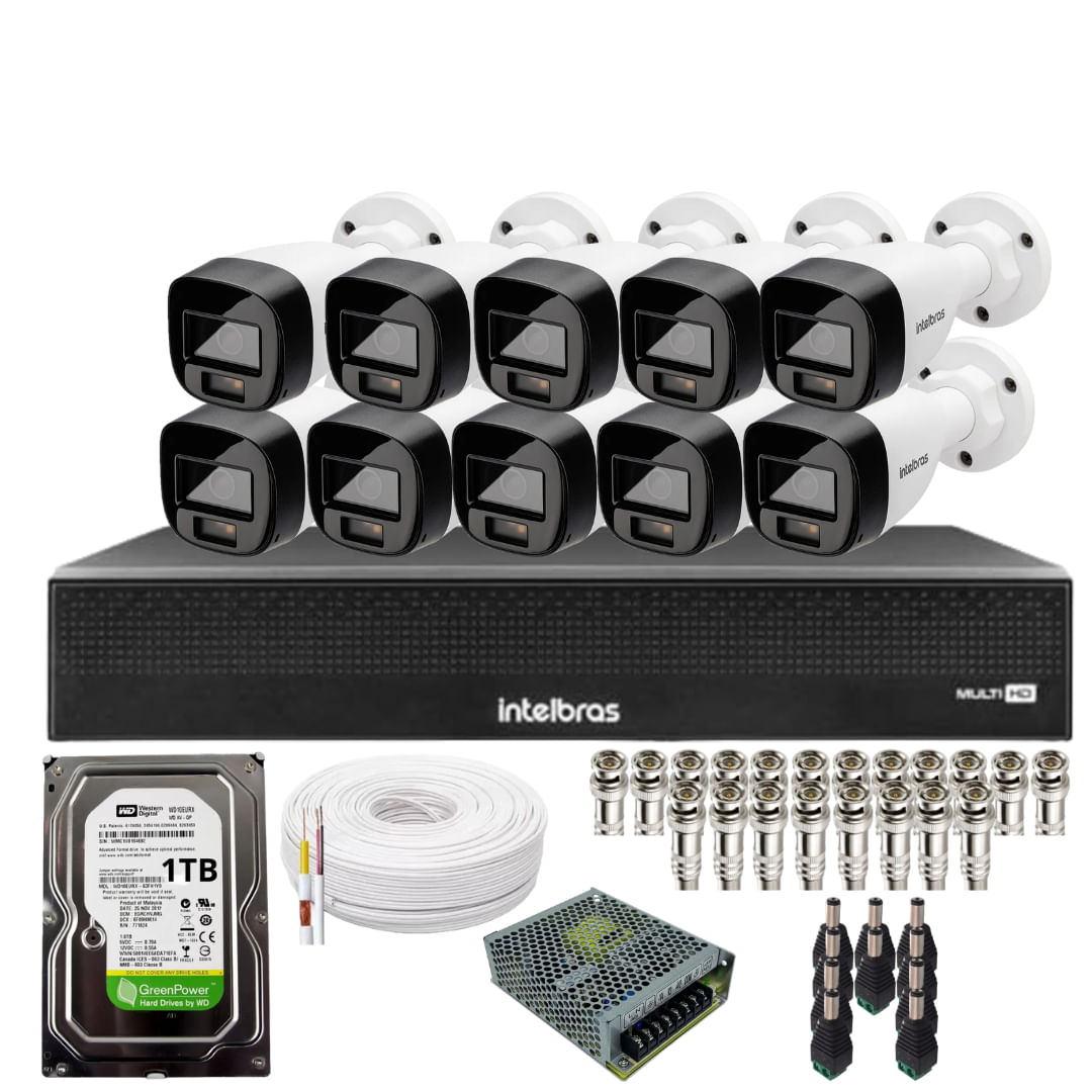 Kit 10 Câmeras Intelbras 1120b Full Color, Dvr 16ch Mhdx 1016c  Hd 1tb