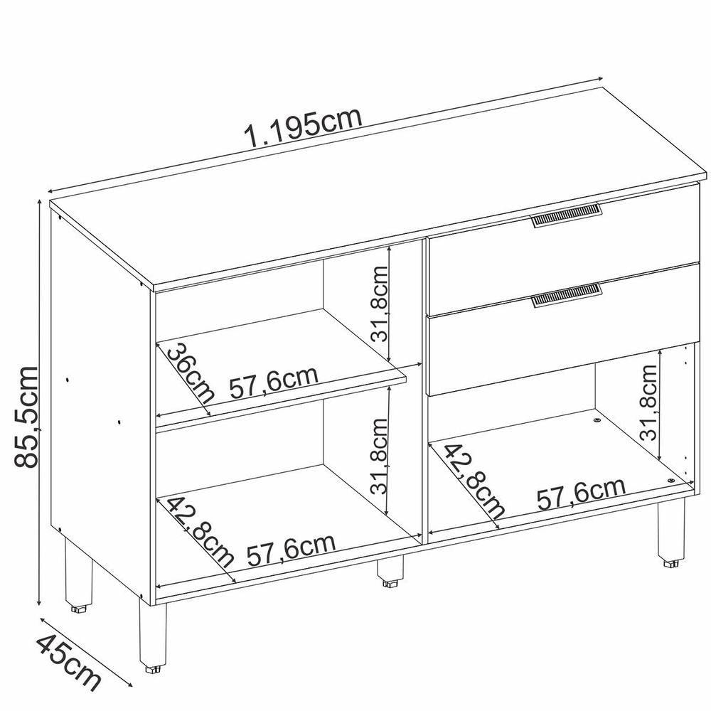 Balcão Para Cozinha 120cm 2 Portas 2 Gavetas Olga Amêndola Nude