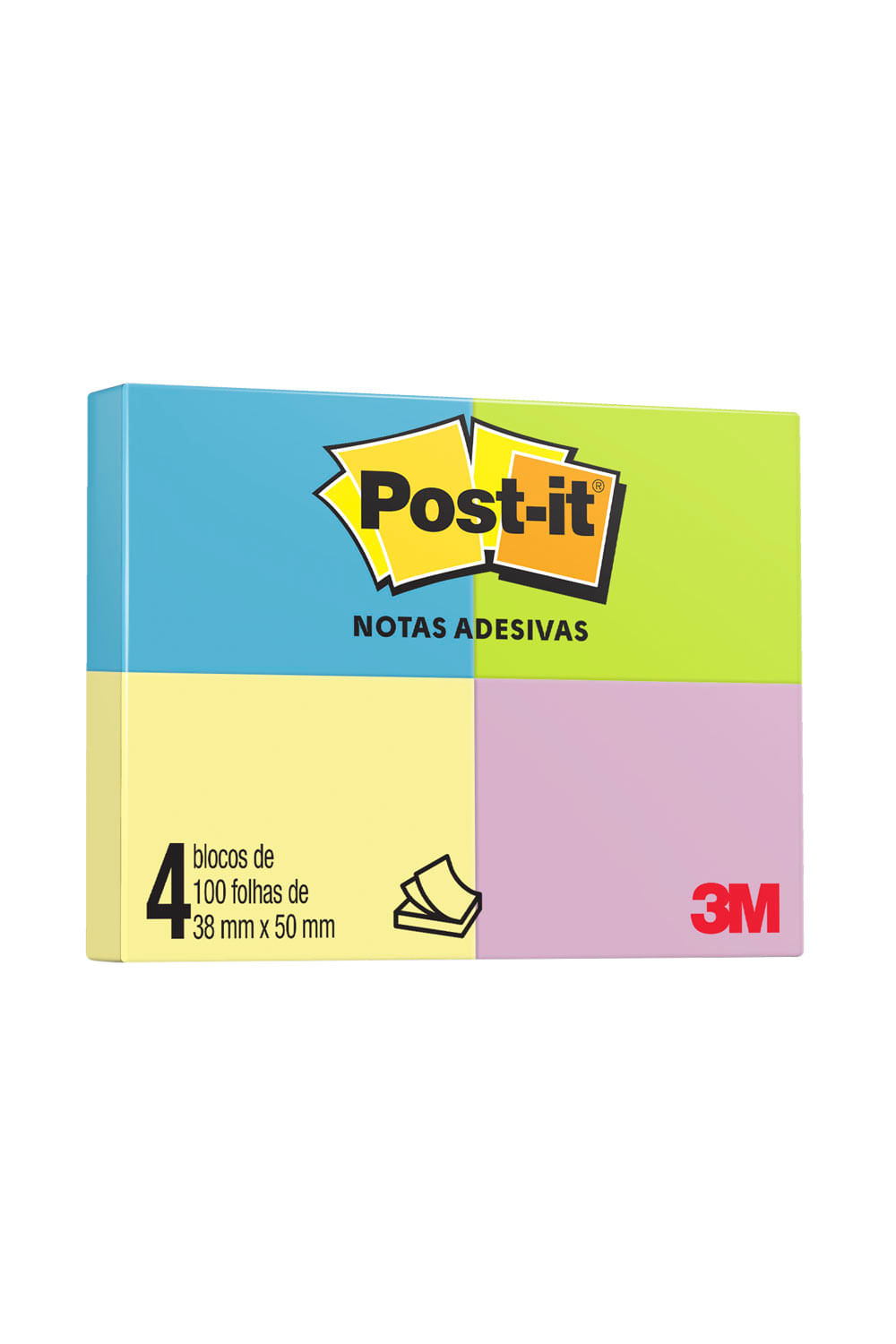 Bloco Adesivo Post It 3M Colorido 4 Blocos de 100 Folhas 38x50mm