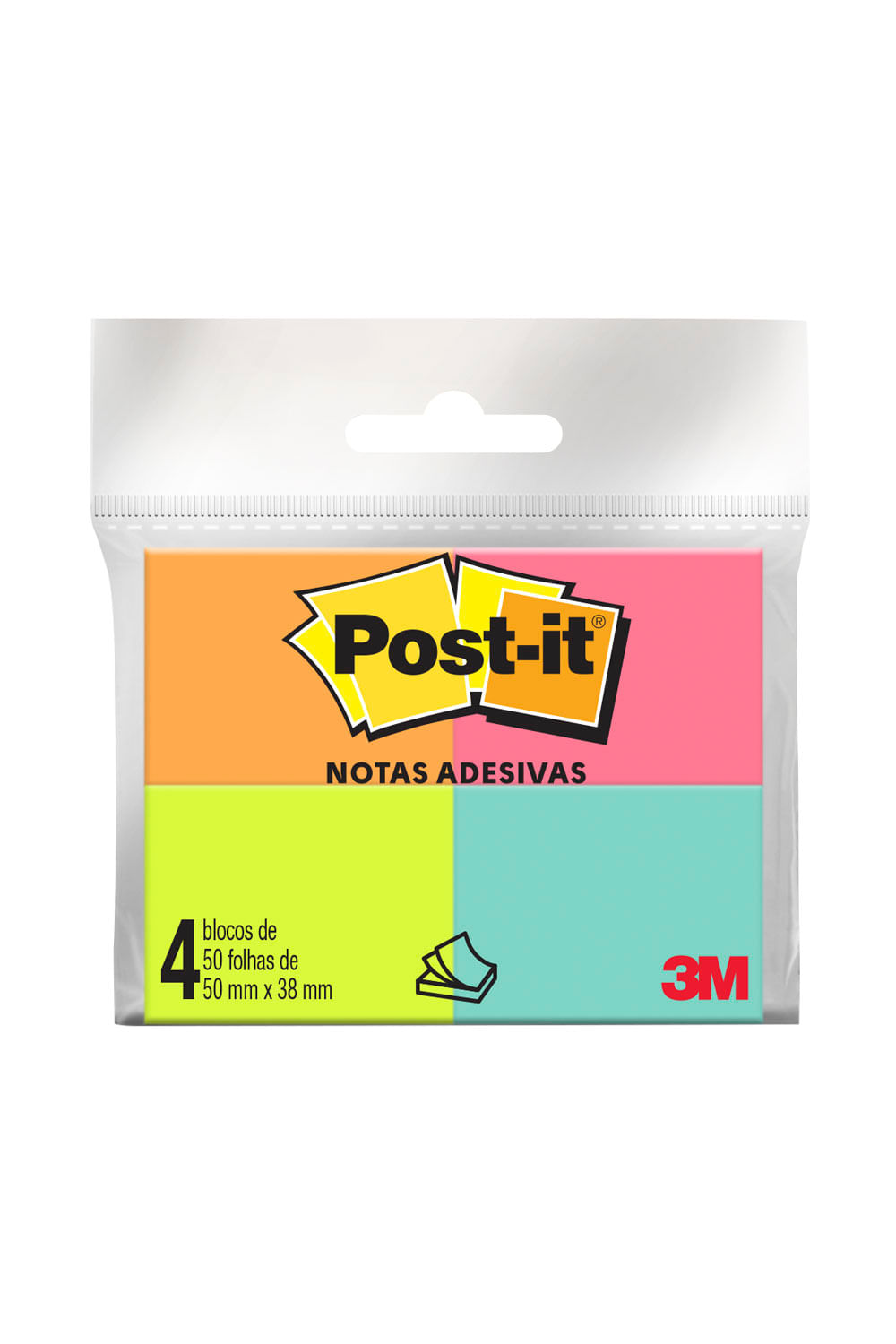 Bloco Adesivo Post It 3M Colorido com 4 Blocos de 50 Folhas 38x50mm