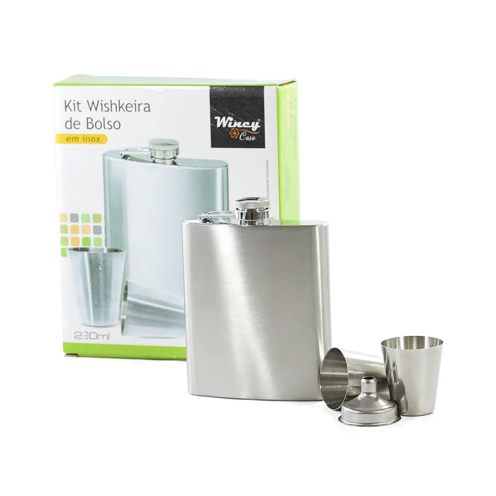 Kit Cantil Whiskeira de Bolso Wincy Inox com 2 Copos e 1 Funil 230ml