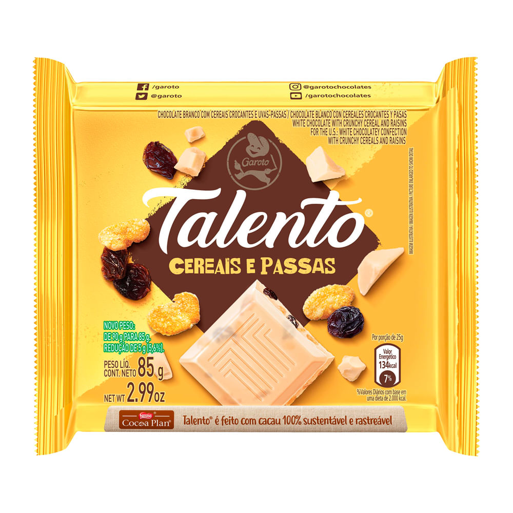 Chocolate Talento Branco Cereais e Passas 85g