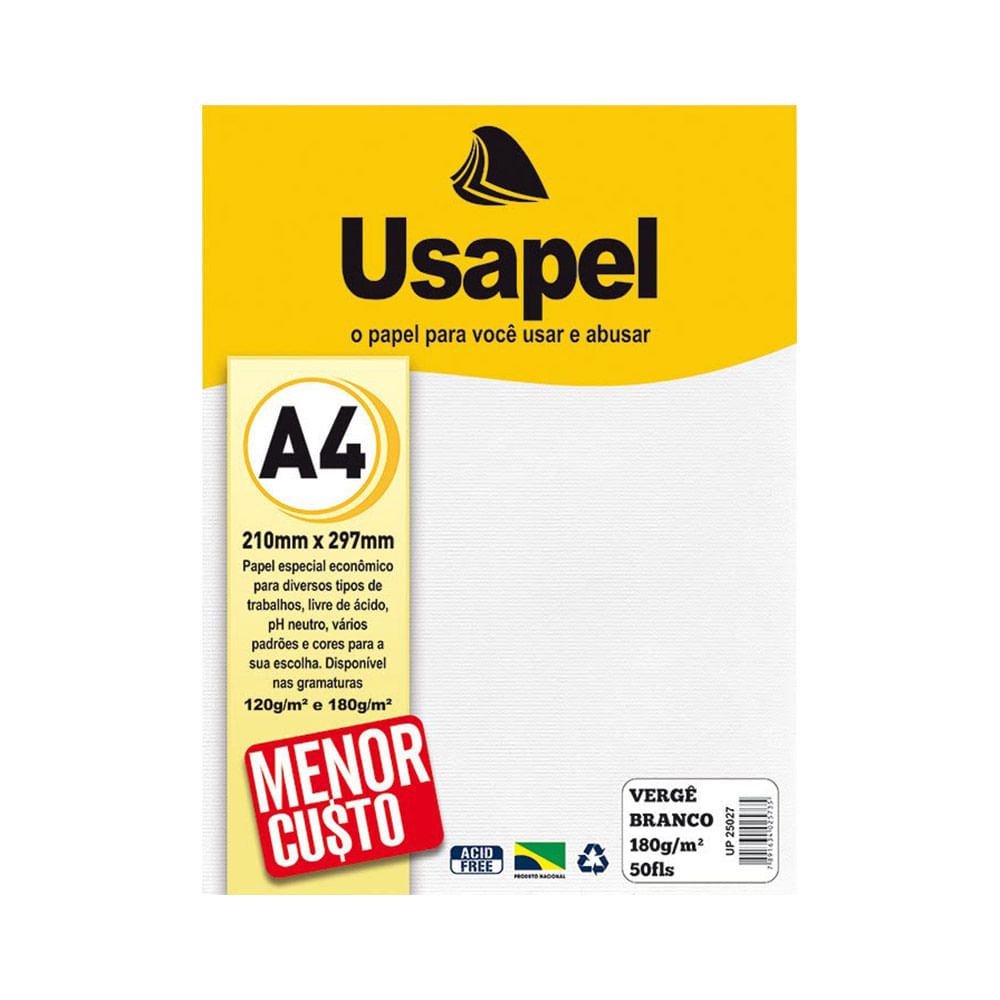 Papel Usapel A4 Vergê 180g com 50 Folhas Branco