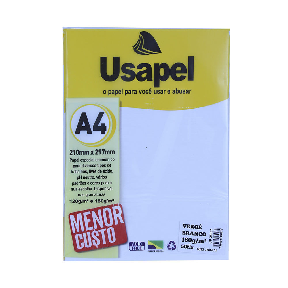 Papel Usapel A4 Vergê 180g com 50 Folhas Branco