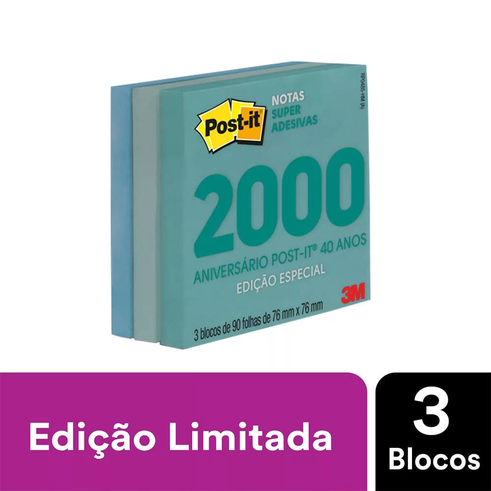 Bloco Adesivo Post It 3M Coleção Anos 2000 com 3 Blocos Color 76x76mm 90 Folhas