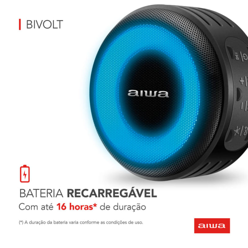 Caixa de Som Speaker AIWA SP-02 10W BT 16H IP65 RGB USB TWS Bivolt