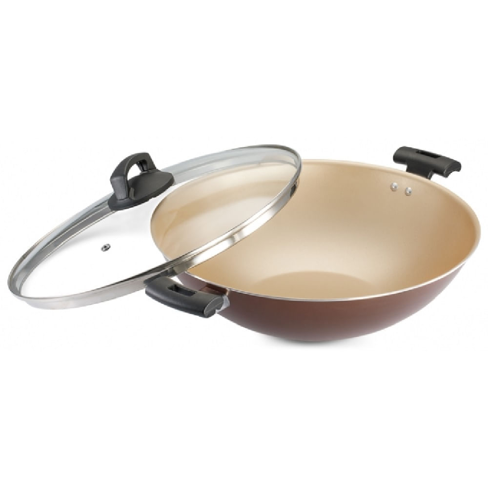 Panela Wok Panelux 5 Litros 32cm Antiaderente com Tampa de Vidro Premium Marrom