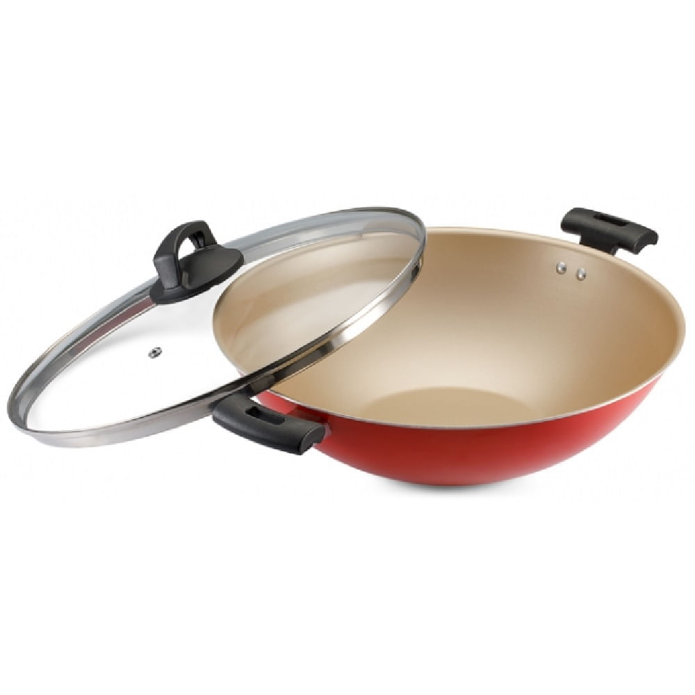 Panela Wok Panelux 5 Litros 32cm Antiaderente com Tampa de Vidro Premium Vermelha