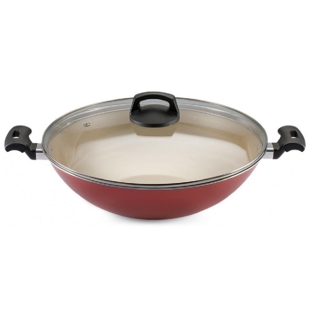 Panela Wok Panelux 5 Litros 32cm Antiaderente com Tampa de Vidro Premium Cereja