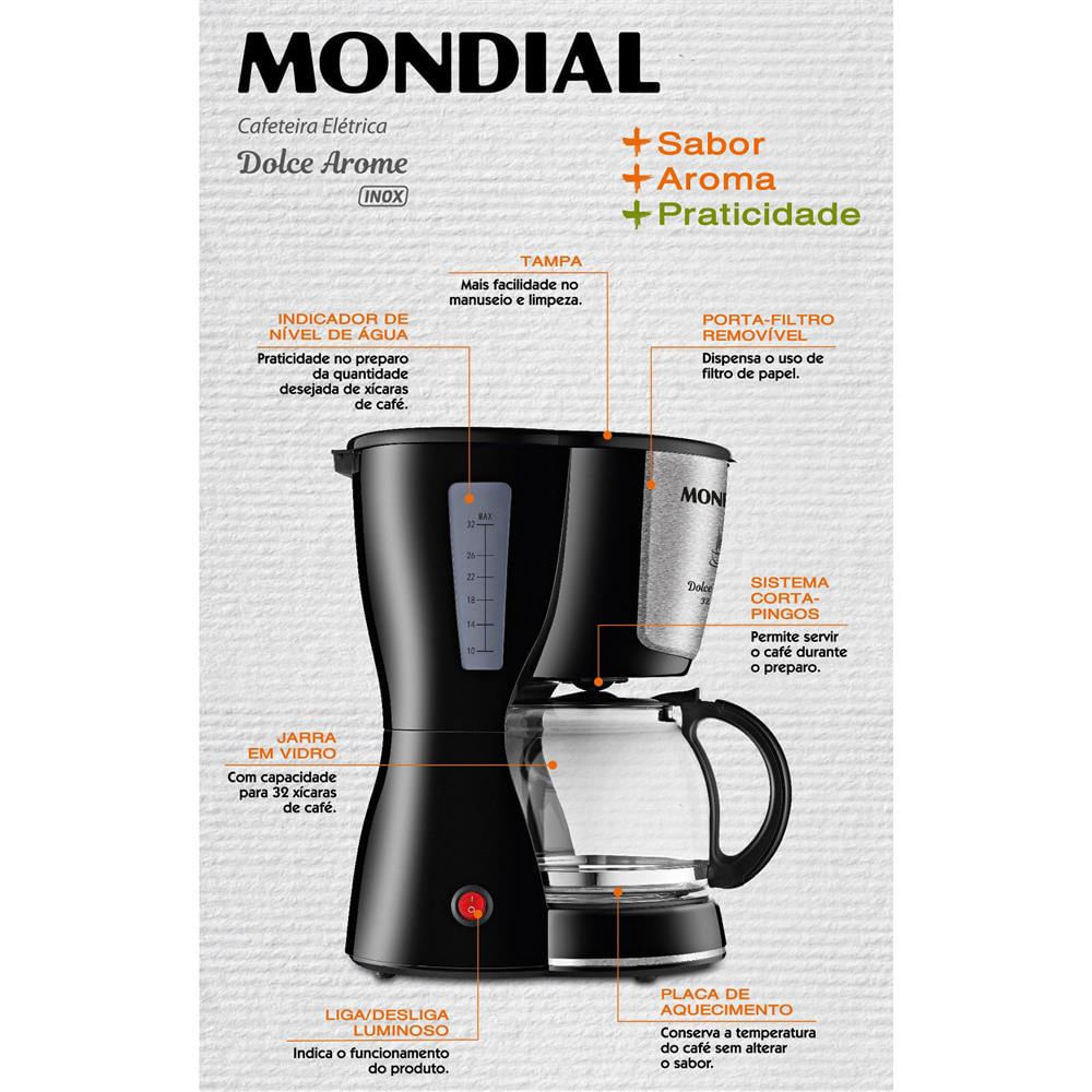 Cafeteira Elétrica Dolce Arome Inox C32I 32 Xícaras Mondial Preto com Inox / 220V