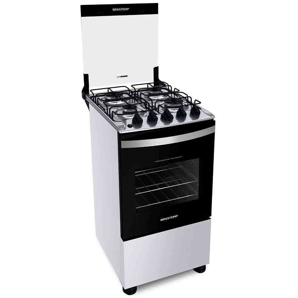 Fogão 4 Bocas Clean Mesa de Inox 2 Prateleiras Ajustáveis Automático Brastemp