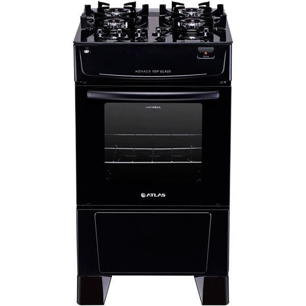 Fogão Mônaco 4 Bocas Preto Top Glass com Mesa de Vidro Atlas