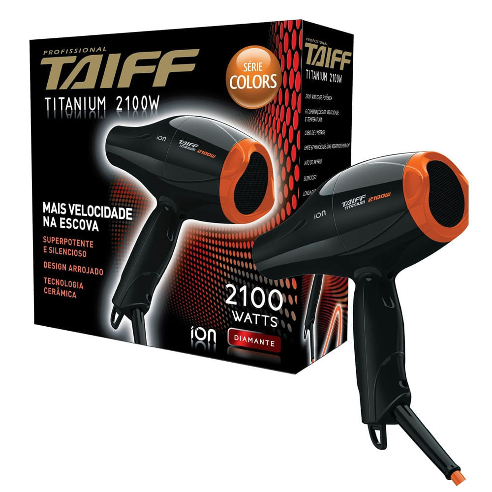 Secador de Cabelos Taiff Titanium Colors com Emissão de Íons Motor AC Profissional 2100W Preto com Laranja / 110V