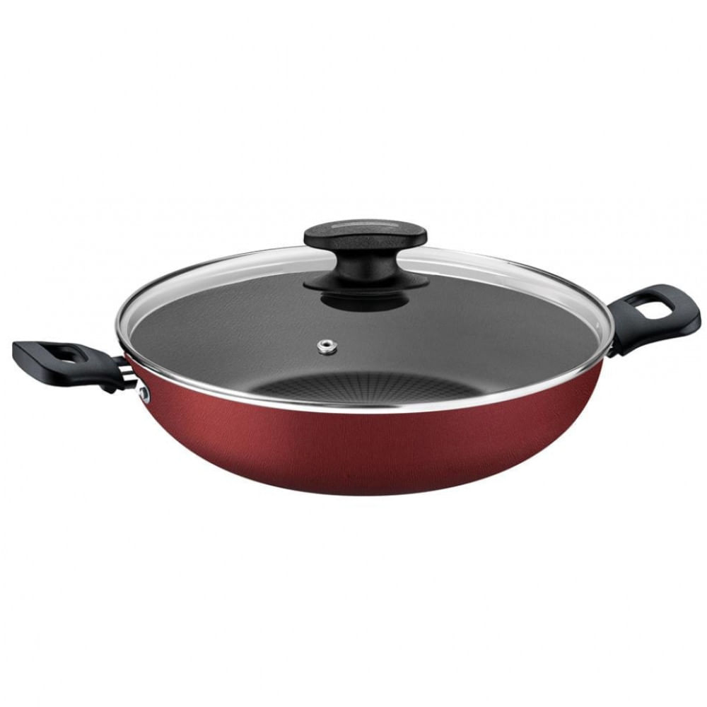 Panela Wok com Tampa Tramontina Loreto com Revestimento Interno Antiaderente Starflon T1 28 cm Vermelho