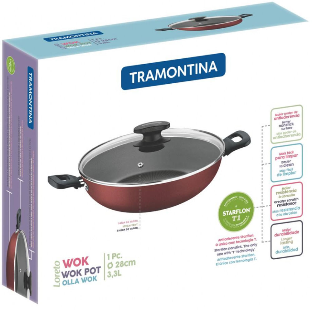 Panela Wok com Tampa Tramontina Loreto com Revestimento Interno Antiaderente Starflon T1 28 cm Vermelho