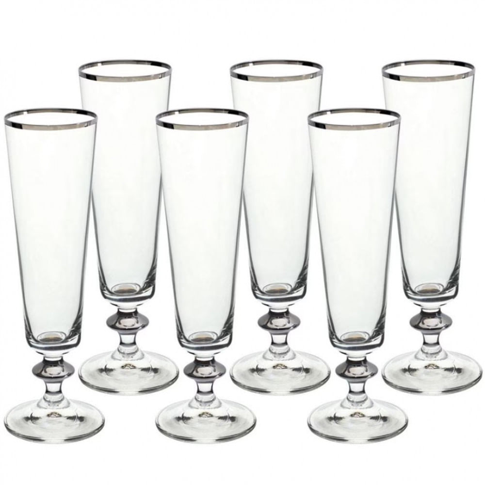 Conjunto de Taças para Champanhe Bohemia Bella Decorada 205 ml em Cristal Ecológico Platinum Rim 6 Peças