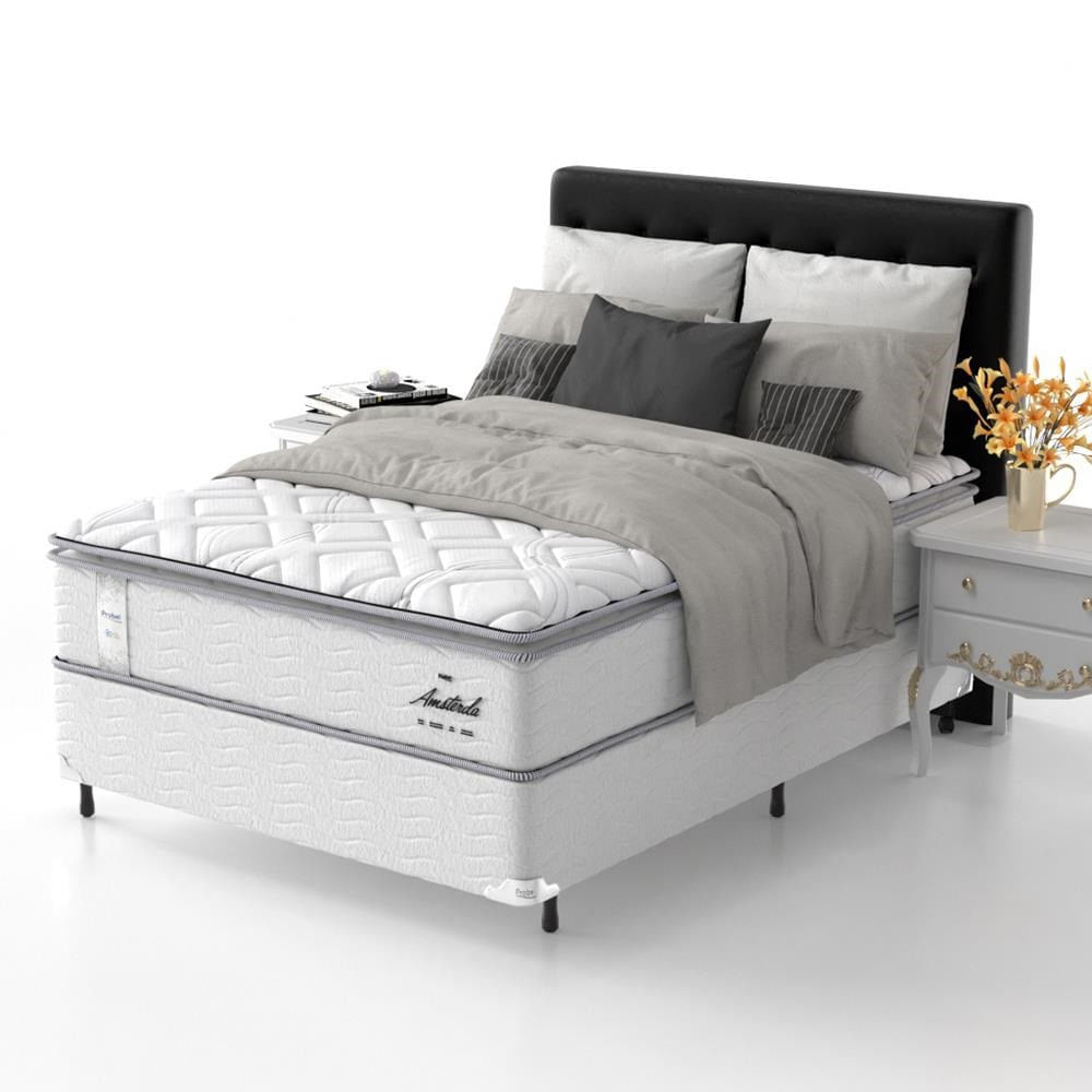 Cama Box Casal Amsterdã com Pillow Top e Molas Ensacadas 68x138x188cm Probel Branco e Preto