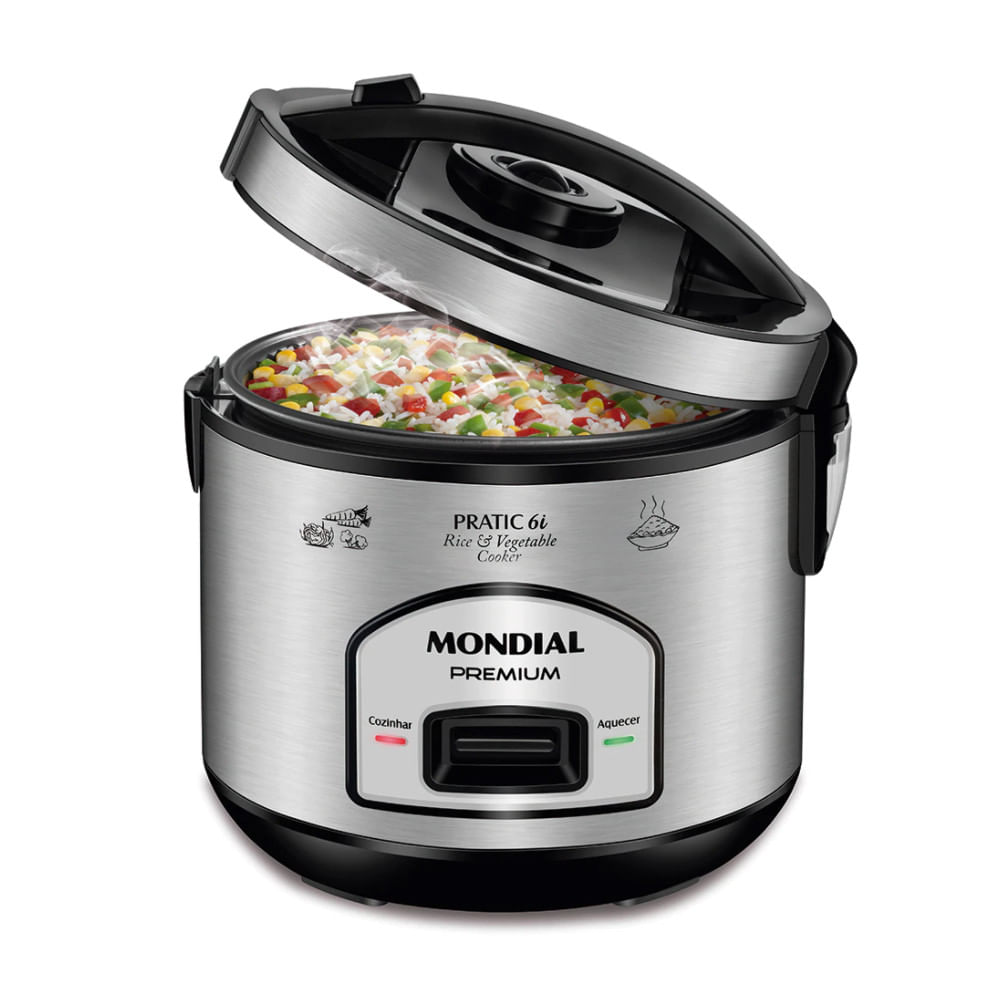 Panela Elétrica de Arroz Mondial PE-43 500W com Capacidade de 6 Xícaras Inox Preto / 110V