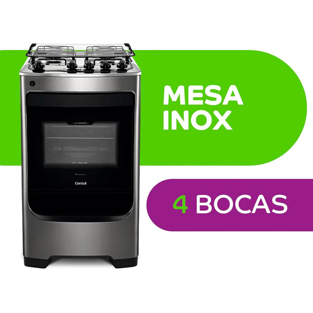 Fogão 4 Bocas CFO4NAR Acendimento Automático e Design Frente Única Consul Inox / Bivolt