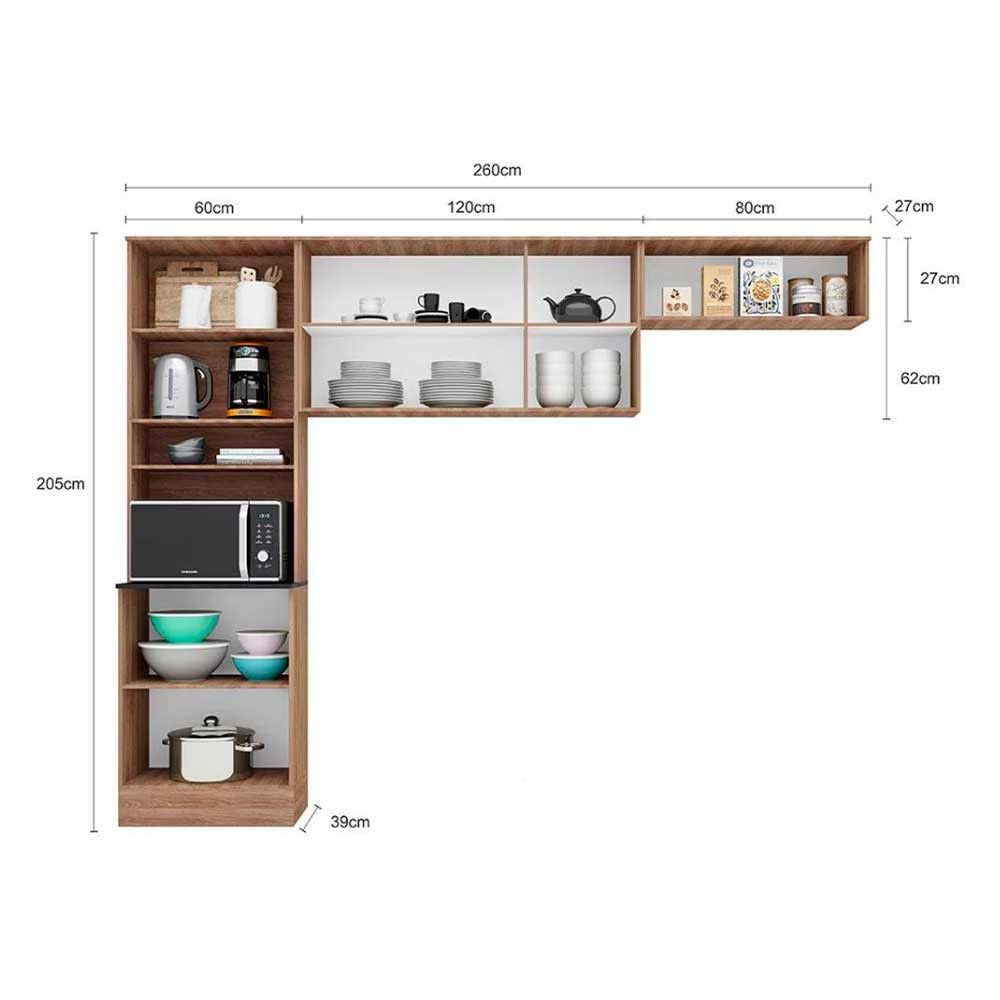 Cozinha Compacta Poliman Paris com 6 Portas e 5 Prateleiras - 260cm de largura Carvalho