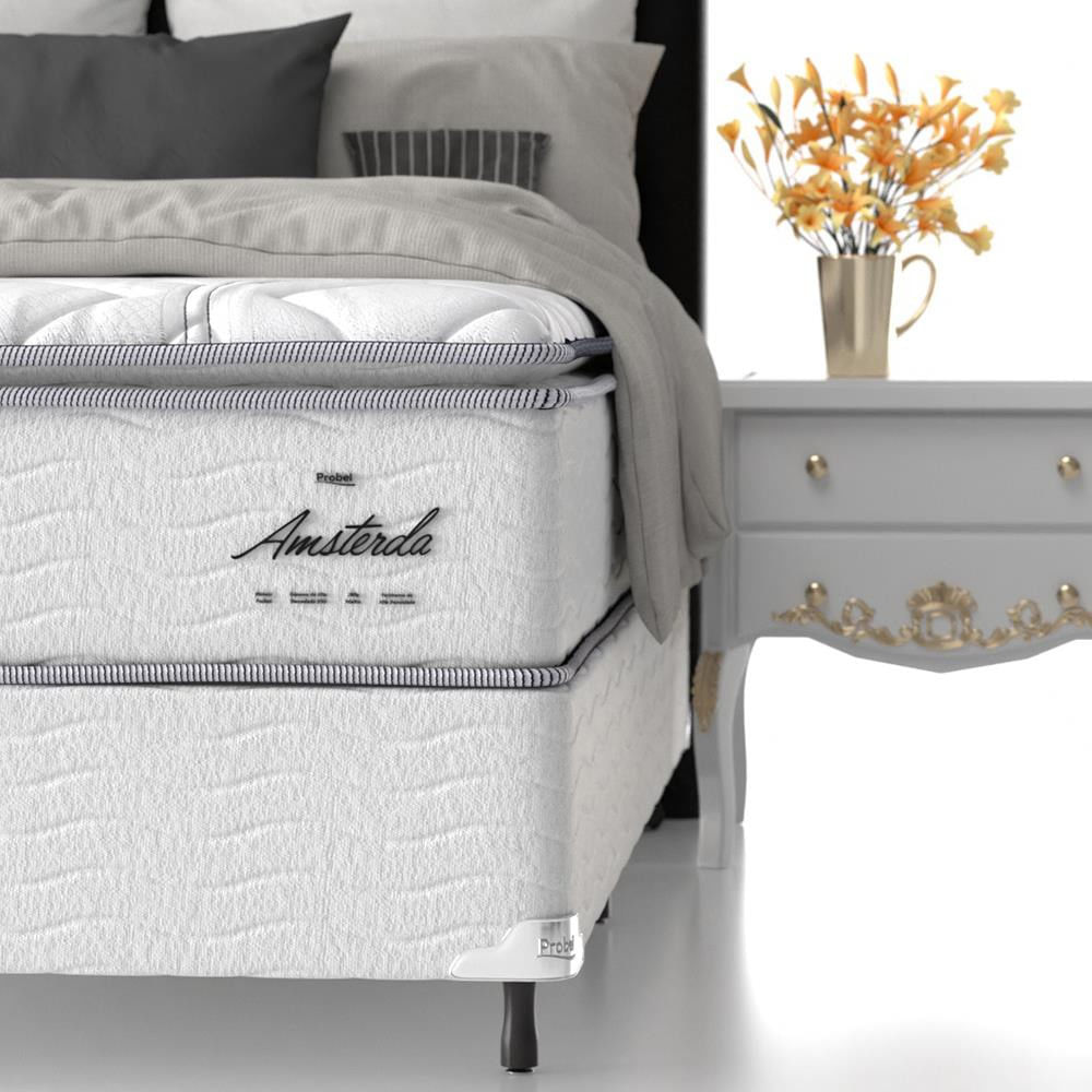 Cama Box King Size Probel Amsterdã D20 D33 com Molas Pocket e Pillow Top 72x193x203 Branco com Preto