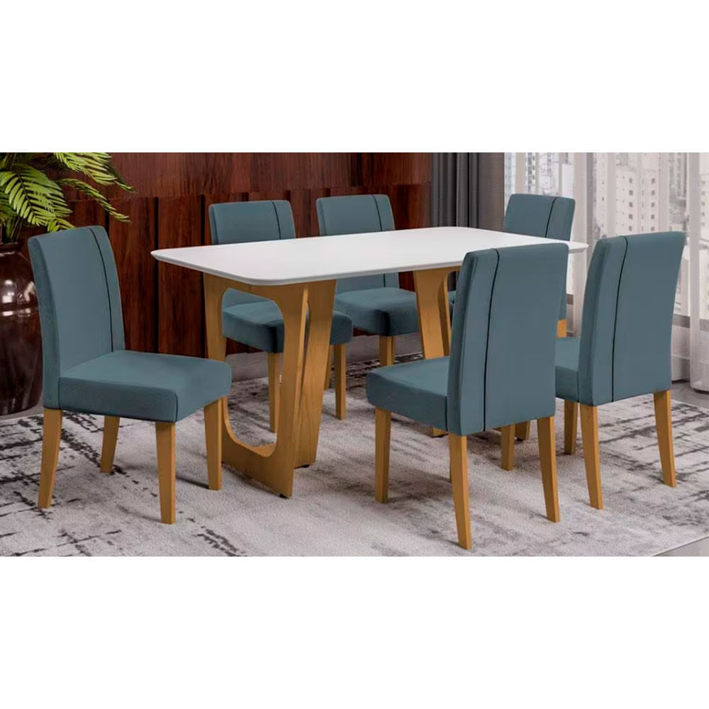 Conjunto Mesa de Jantar Áustria com Vidro e 6 Cadeiras