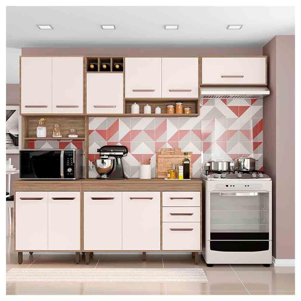Cozinha Compacta Barcelona 11 Portas e Adega Poliman Carvalho Oak/Off White