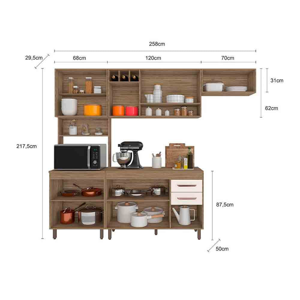 Cozinha Compacta Barcelona 11 Portas e Adega Poliman Carvalho Oak/Off White