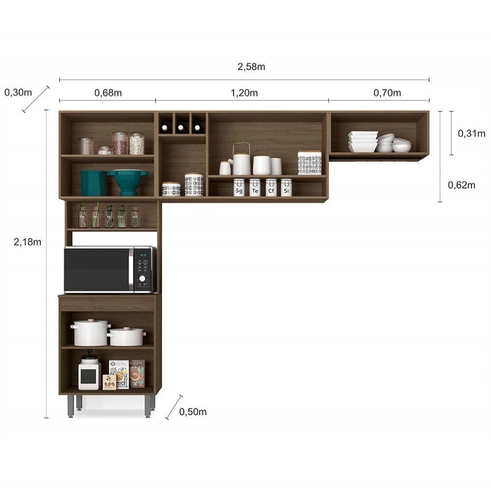 Cozinha Compacta Poliman Barcelona com 8 Portas e 2 Prateleiras 258 cm de largura Carvalho com Grafite