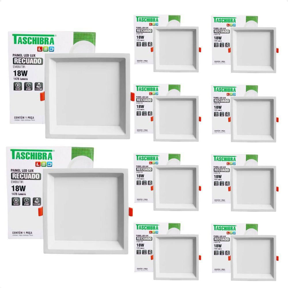 Kit 10 Painel De Led Quadrado Embutir Recuado 18w Bivolt Taschibra 3000k Quente