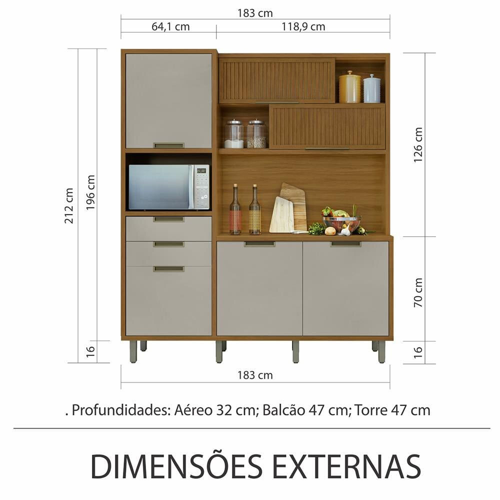 Cozinha em MDF Loft Imperatriz 6 Portas e 2 Gavetas 183cm Nesher Off White com Marrom