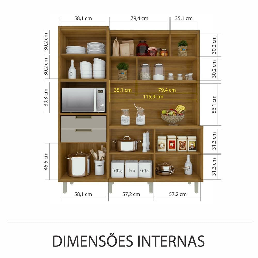 Cozinha em MDF Loft Imperatriz 6 Portas e 2 Gavetas 183cm Nesher Off White com Marrom