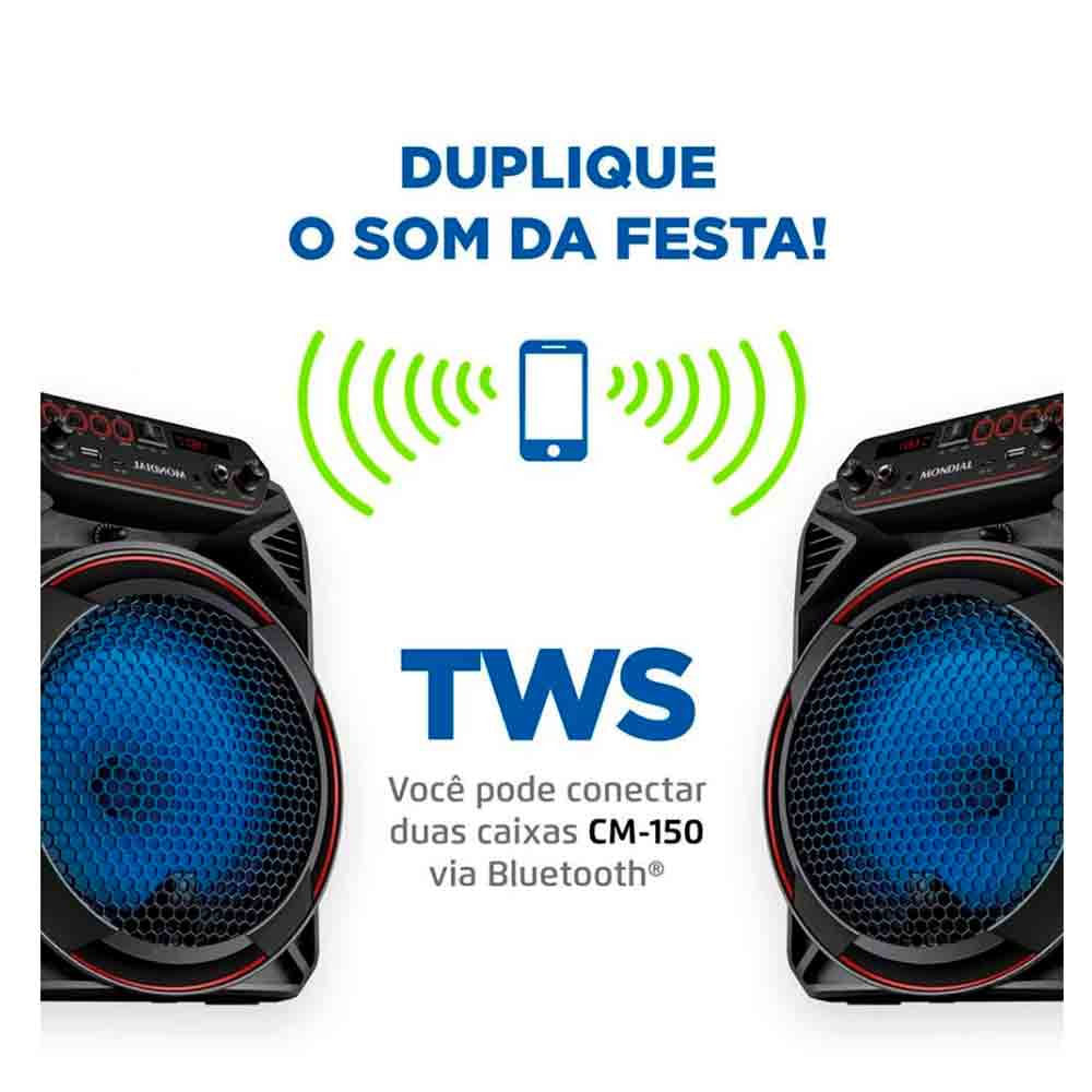 Caixa Amplificada Mondial CM-150 com Bluetooth, USB, Rádio FM e Função TWS - 150W Preto