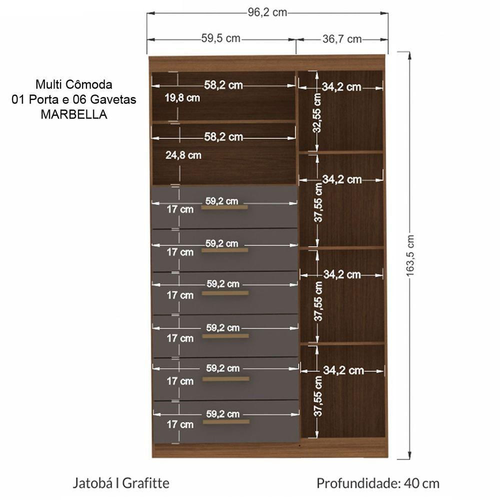 Cômoda Alta 1 Porta 6 Gavetas Marbella Jatobá Grafite