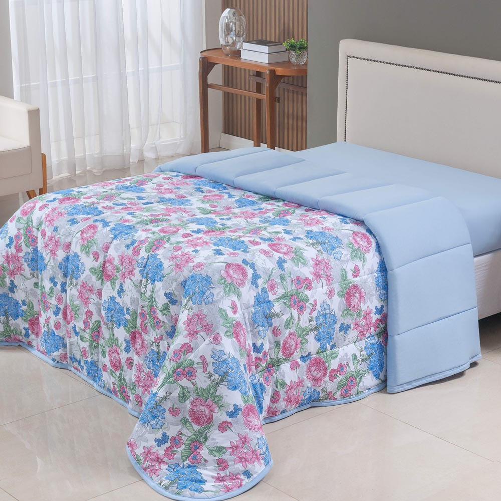 Edredom Cobertor Sonnet Queen Malha Estampada Dupla Face 100% Algodão - Floral - Azul Turquesa