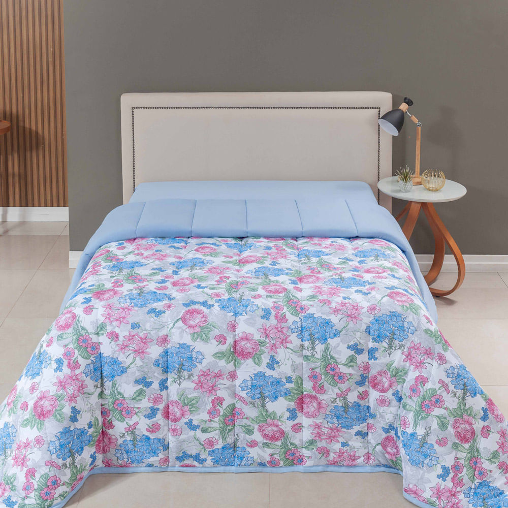 Edredom Cobertor Sonnet Queen Malha Estampada Dupla Face 100% Algodão - Floral - Azul Turquesa