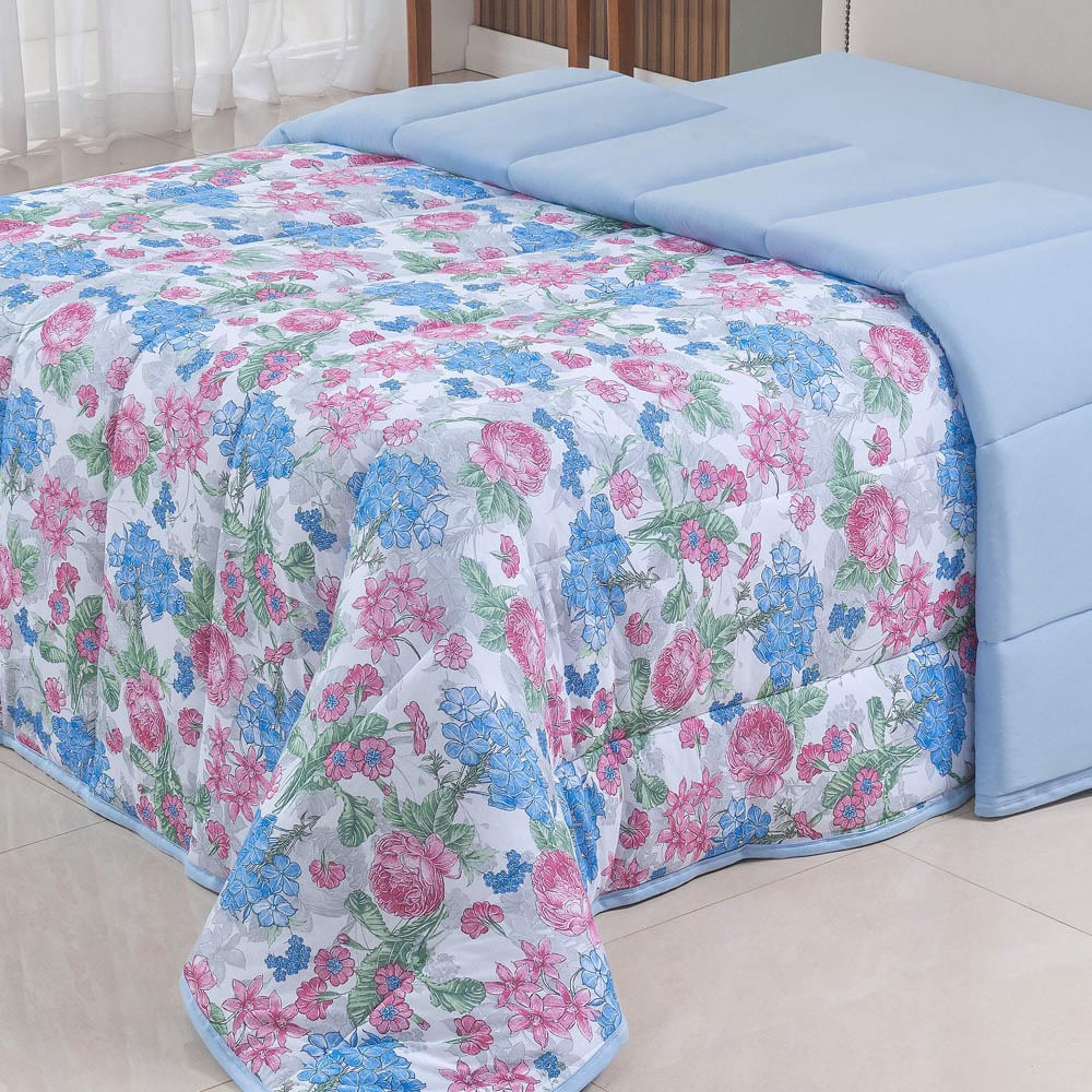 Edredom Cobertor Sonnet Queen Malha Estampada Dupla Face 100% Algodão - Floral - Azul Turquesa