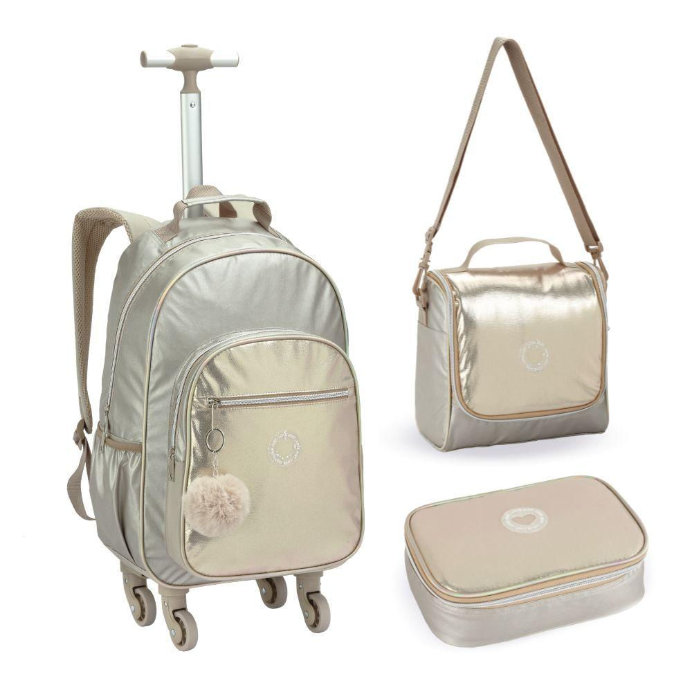 Kit Mochila De Rodinhas + Lancheira + Estojo Just Love Denlex Dourado