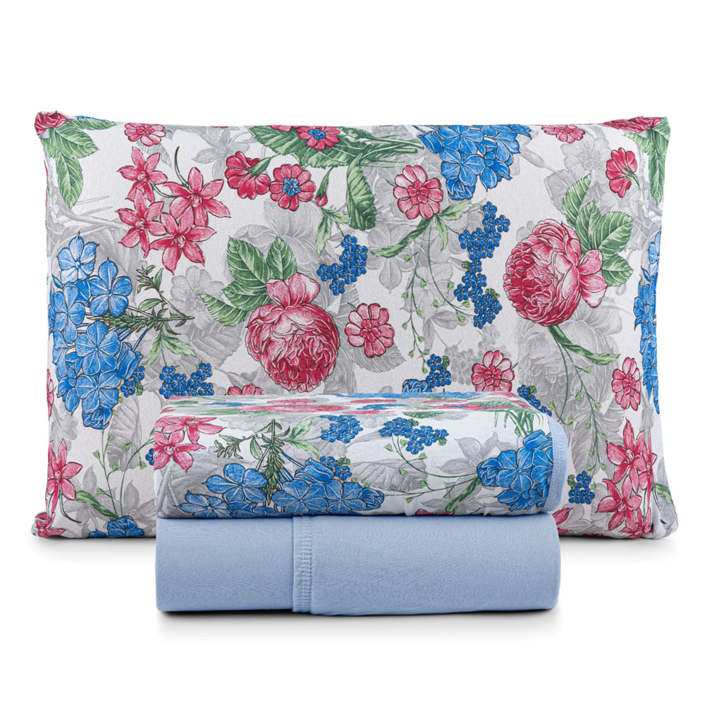 Jogo Cama Lençol Sonnet Solteiro Malha Estampada 100% Algodão 3 Peças - Floral - Azul Claro