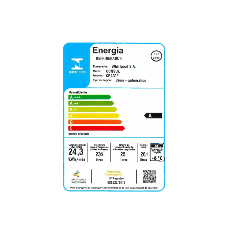 Refrigerador Consul Degelo Seco 261 Litros CRA30FBANA– 127 Volts 127 Volts