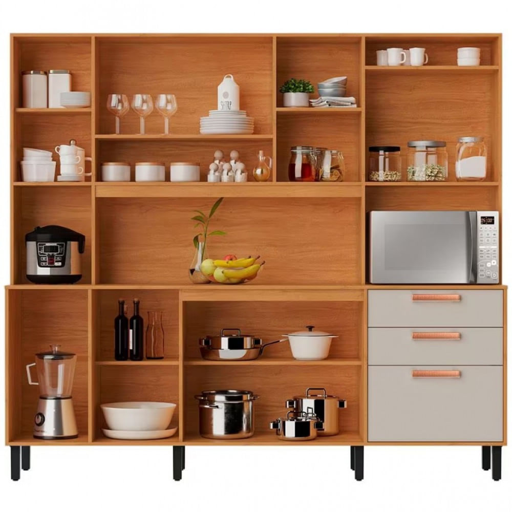 Cozinha Compacta Itatiaia Nápoles 8 Portas 3 Gavetas e 9 Prateleiras 220cm Cinamomo/Off White